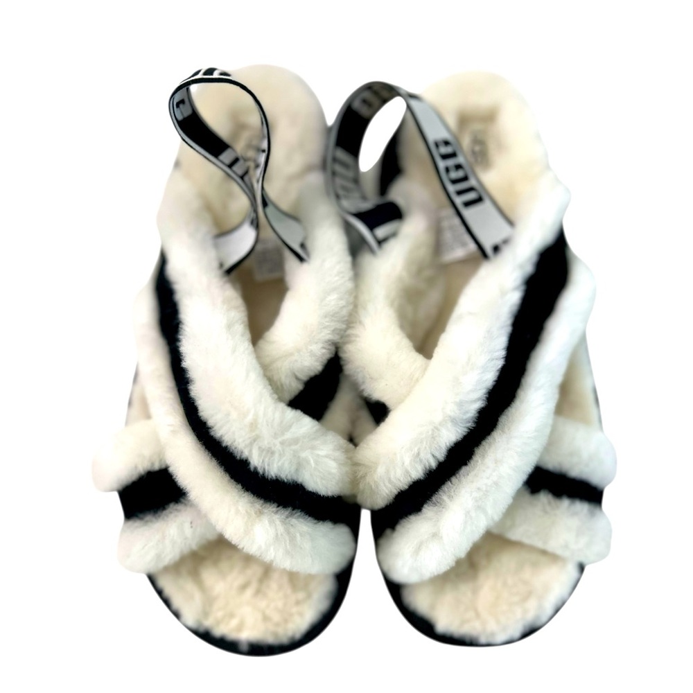 UGG White and Black Fluff Sandal Slippers